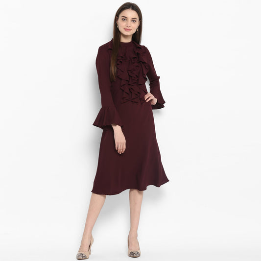 Women's Maroon Front Ruffle Bell Sleeve Dress