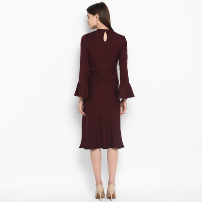 Women's Maroon Front Ruffle Bell Sleeve Dress