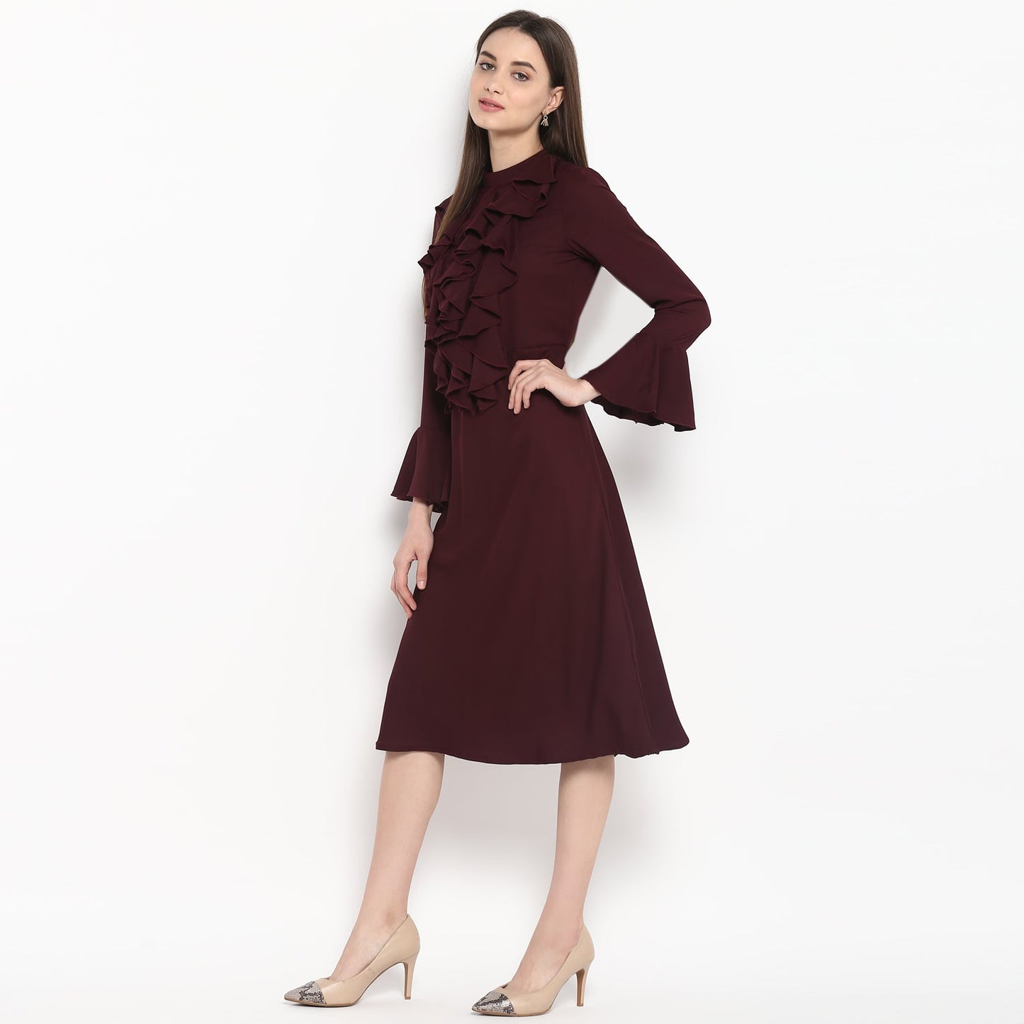 Women's Maroon Front Ruffle Bell Sleeve Dress