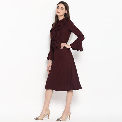 Women's Maroon Front Ruffle Bell Sleeve Dress