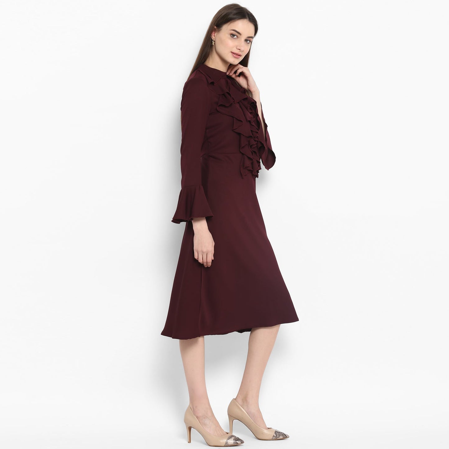Women's Maroon Front Ruffle Bell Sleeve Dress