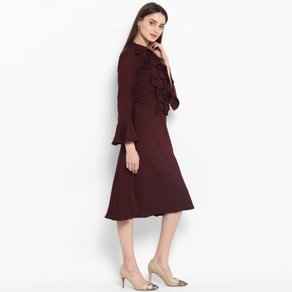 Women's Maroon Front Ruffle Bell Sleeve Dress