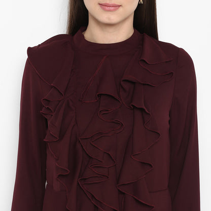 Women's Maroon Front Ruffle Bell Sleeve Dress