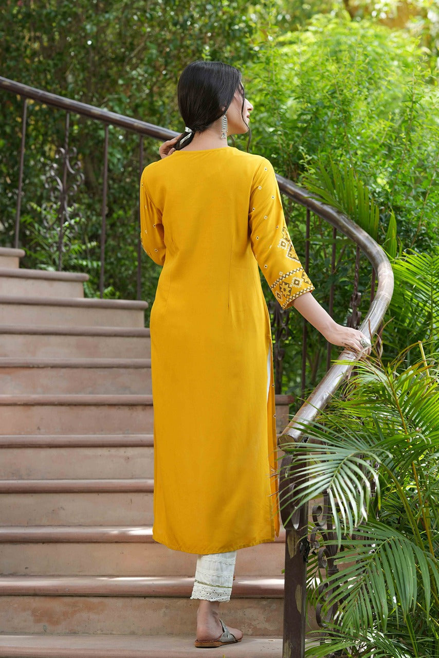 Women's  Mustard Rayon Cross Sttitch Printed Kurta