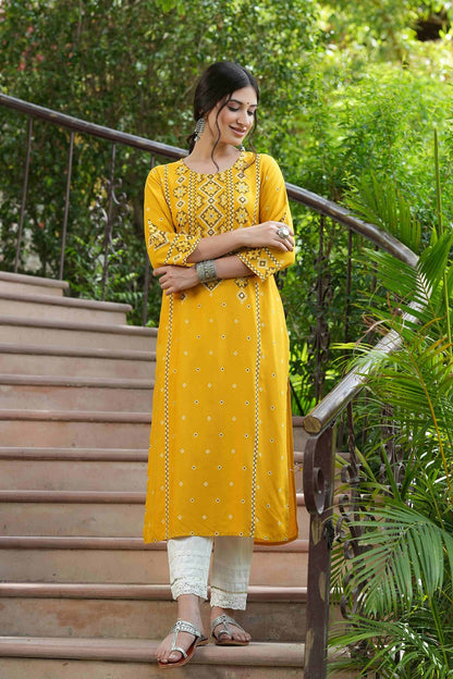 Women's  Mustard Rayon Cross Sttitch Printed Kurta