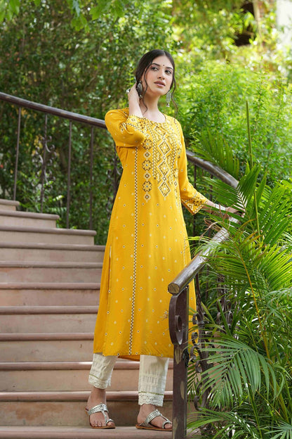 Women's  Mustard Rayon Cross Sttitch Printed Kurta