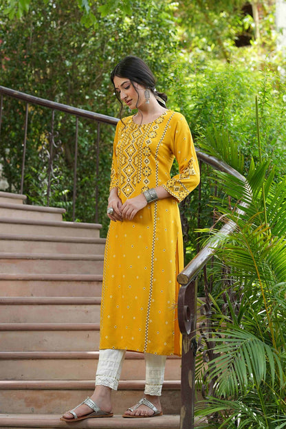 Women's  Mustard Rayon Cross Sttitch Printed Kurta