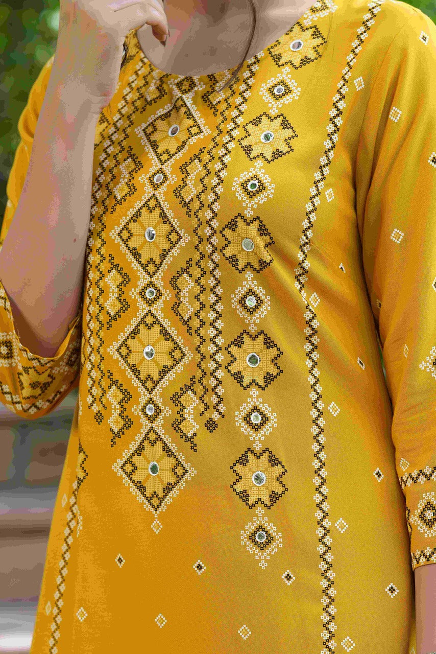 Women's  Mustard Rayon Cross Sttitch Printed Kurta