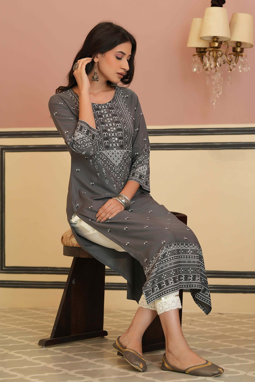 Women's Grey Rayon Festive Embroidered Straight Kurta For Women