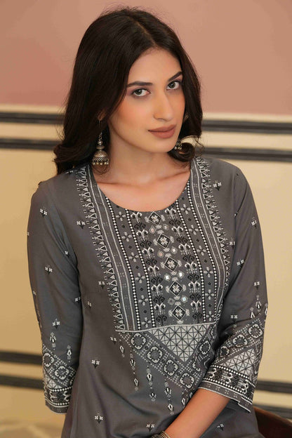 Women's Grey Rayon Festive Embroidered Straight Kurta For Women