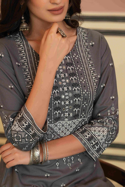 Women's Grey Rayon Festive Embroidered Straight Kurta For Women