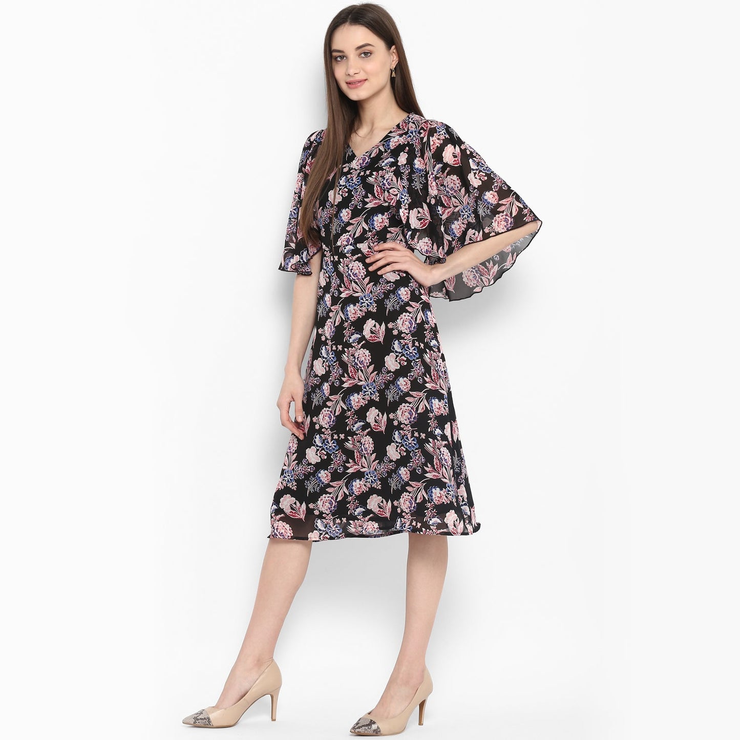 Women's Black Floral Dress with attached Shrug