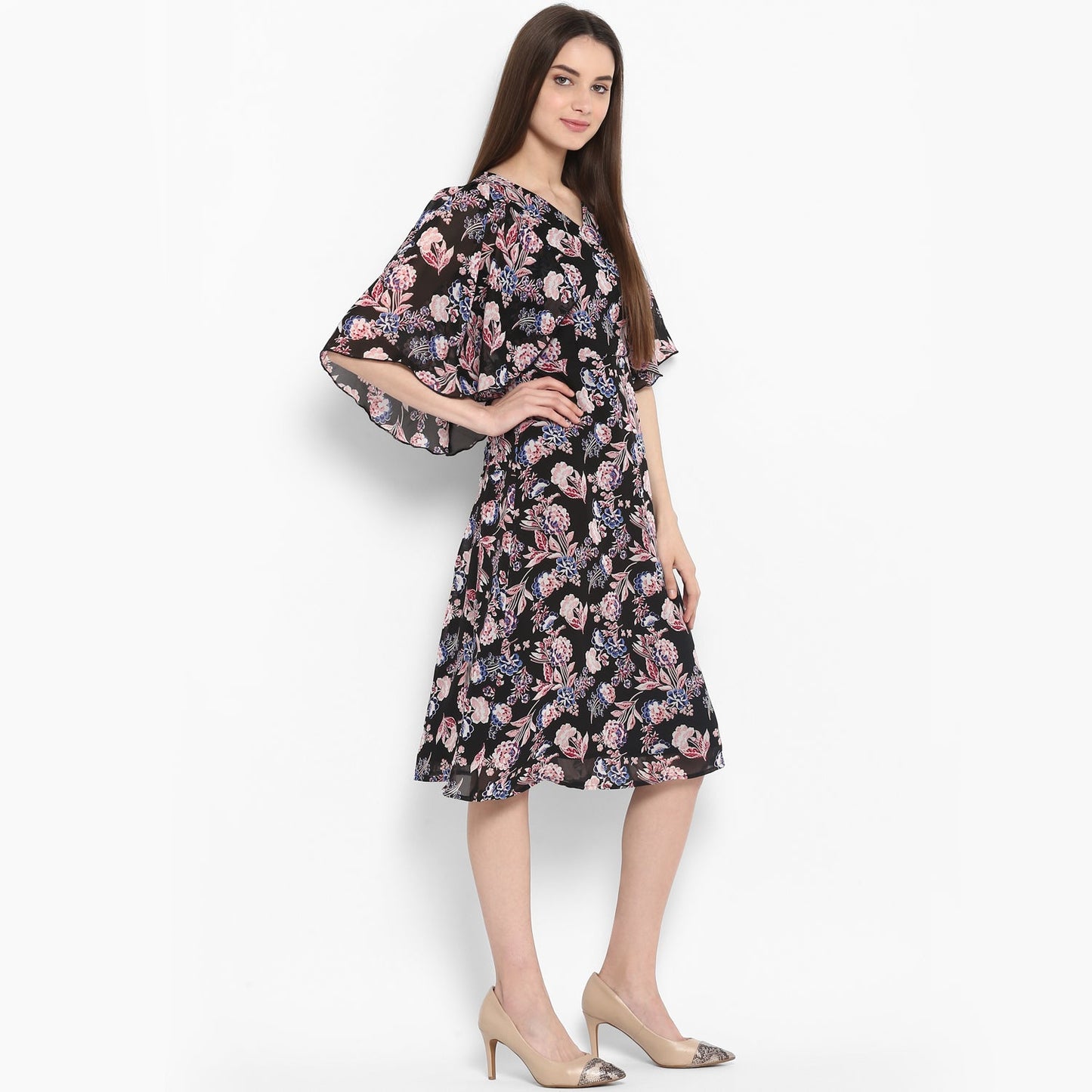Women's Black Floral Dress with attached Shrug