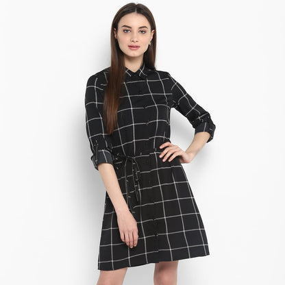 Women's Black and White Check Shirt Dress with Belt