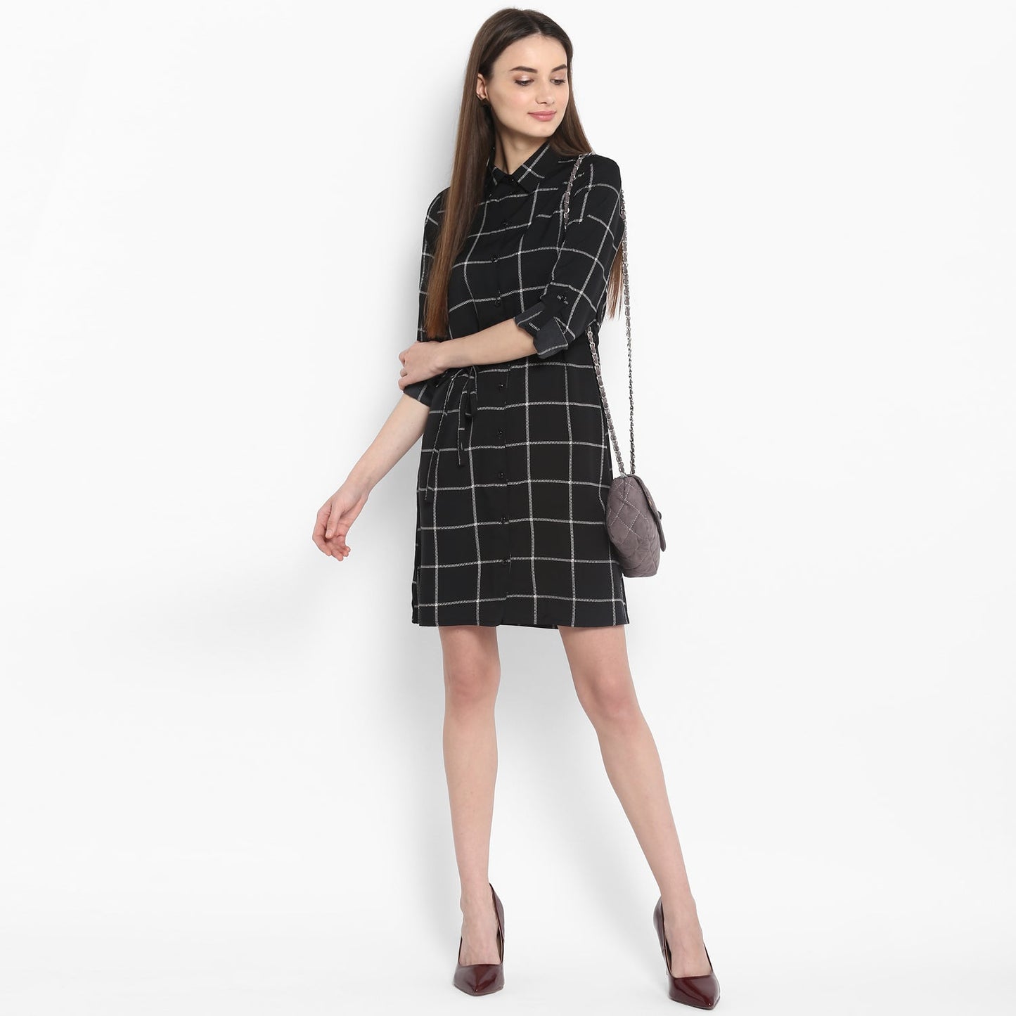 Women's Black and White Check Shirt Dress with Belt