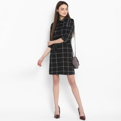 Women's Black and White Check Shirt Dress with Belt