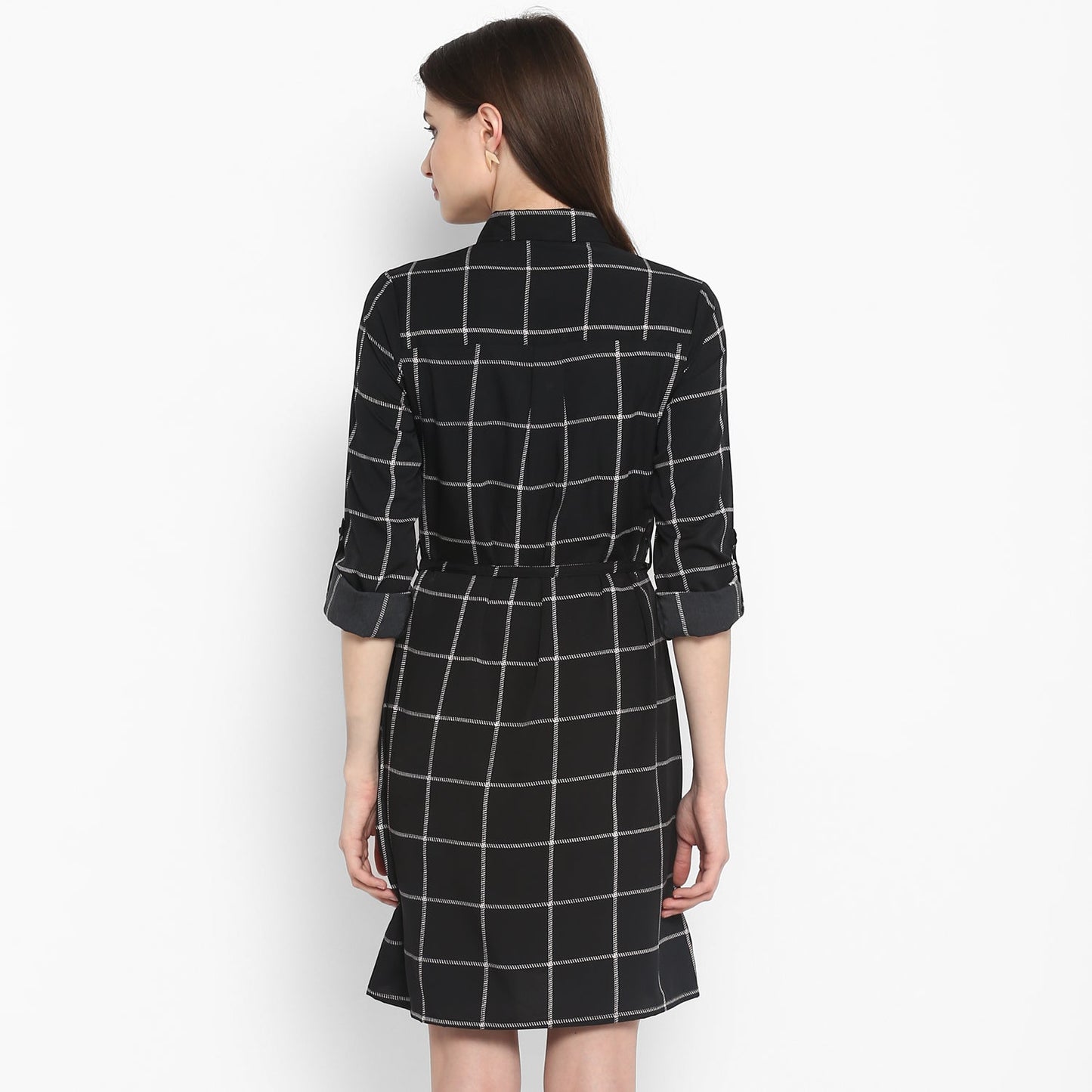 Women's Black and White Check Shirt Dress with Belt