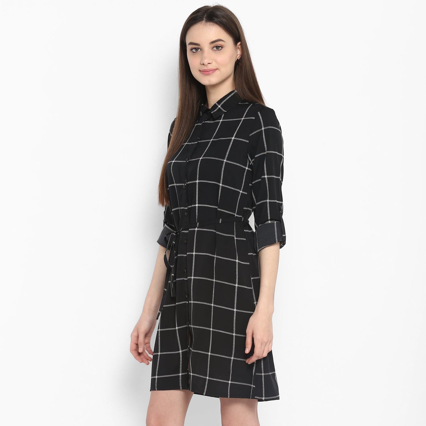 Women's Black and White Check Shirt Dress with Belt
