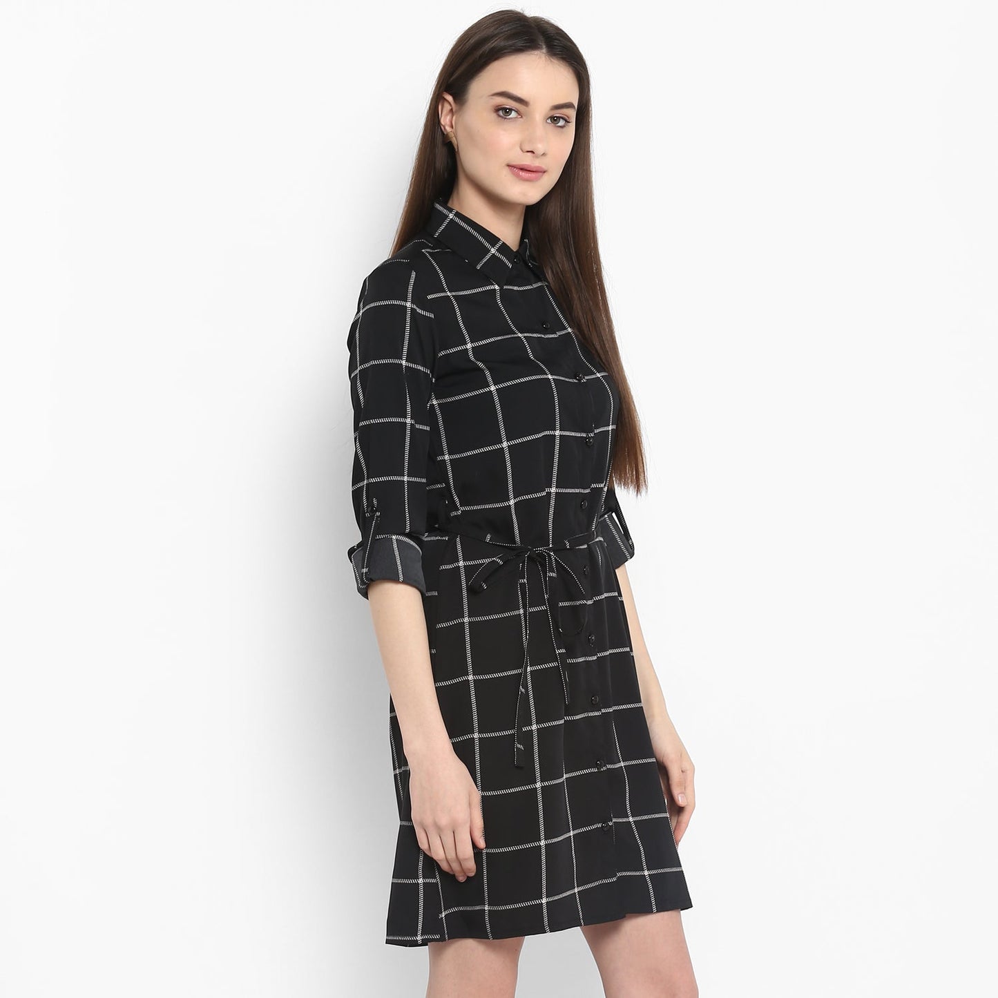 Women's Black and White Check Shirt Dress with Belt