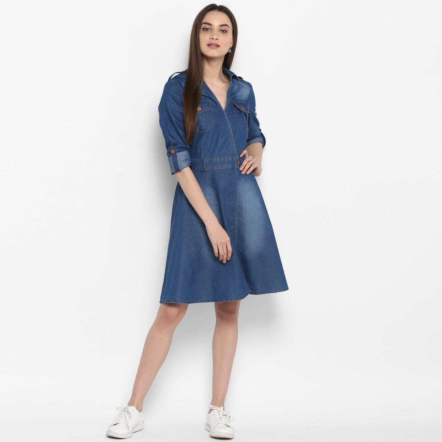 Women's Denim Knee Length Dress with Buttons