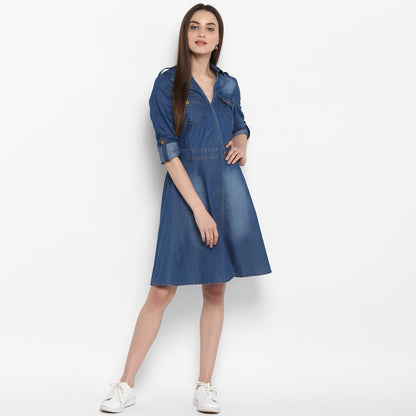 Women's Denim Knee Length Dress with Buttons
