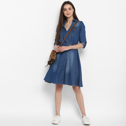 Women's Denim Knee Length Dress with Buttons