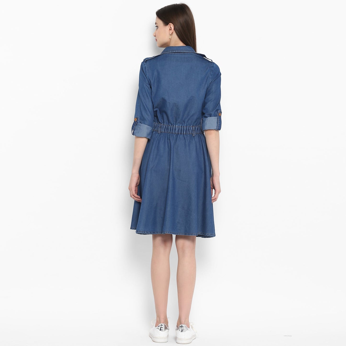 Women's Denim Knee Length Dress with Buttons