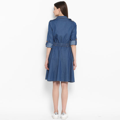Women's Denim Knee Length Dress with Buttons