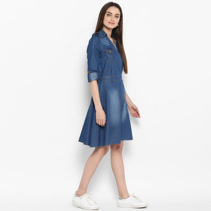 Women's Denim Knee Length Dress with Buttons