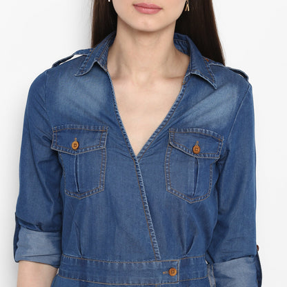 Women's Denim Knee Length Dress with Buttons