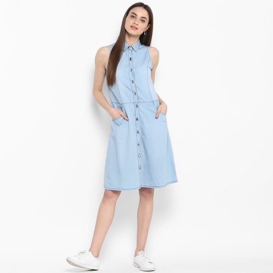 Women's Denim Sleeveless Dress with Silver Buttons