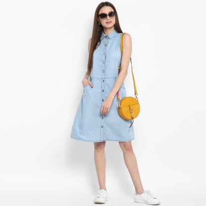 Women's Denim Sleeveless Dress with Silver Buttons