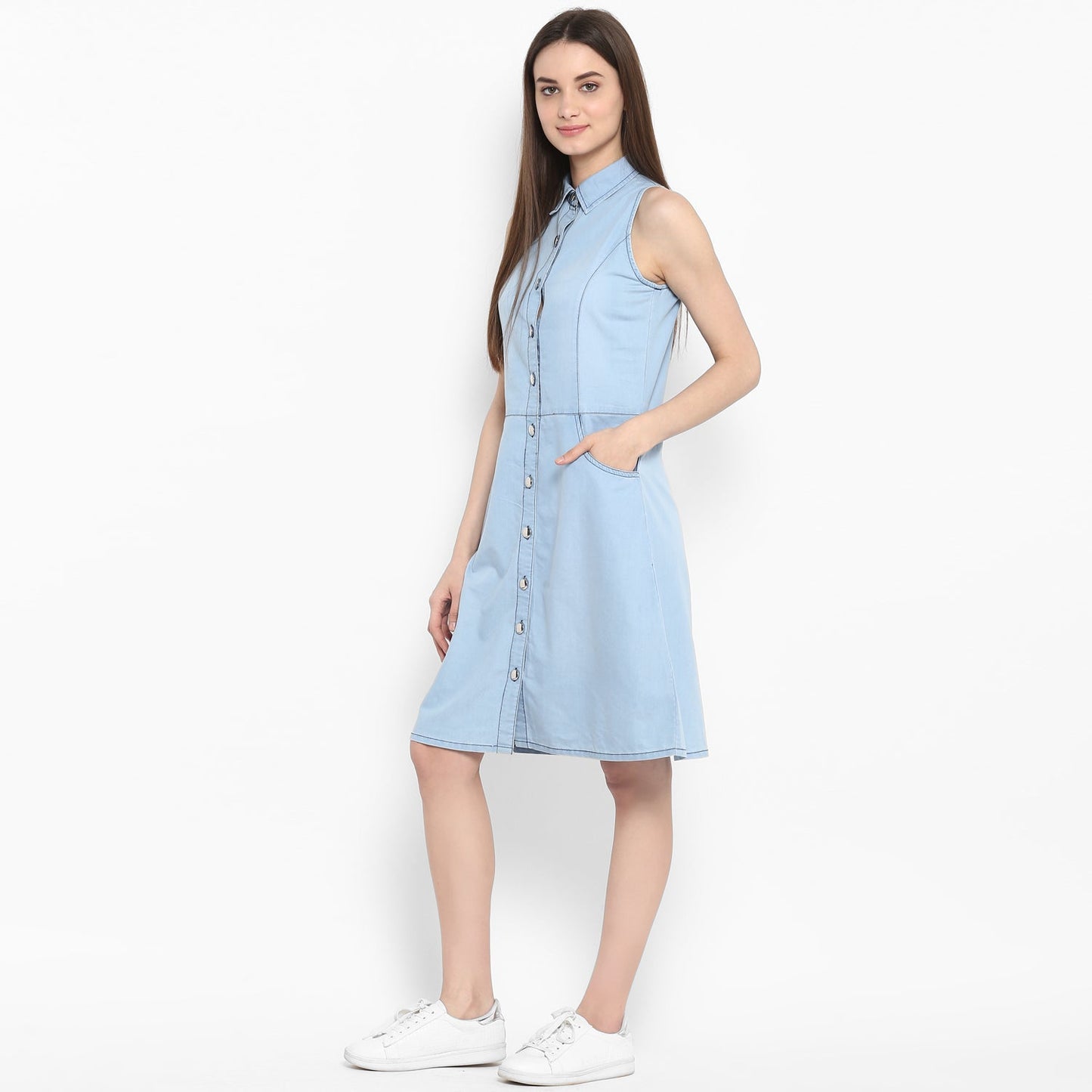 Women's Denim Sleeveless Dress with Silver Buttons