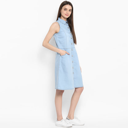 Women's Denim Sleeveless Dress with Silver Buttons