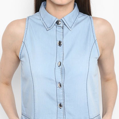 Women's Denim Sleeveless Dress with Silver Buttons