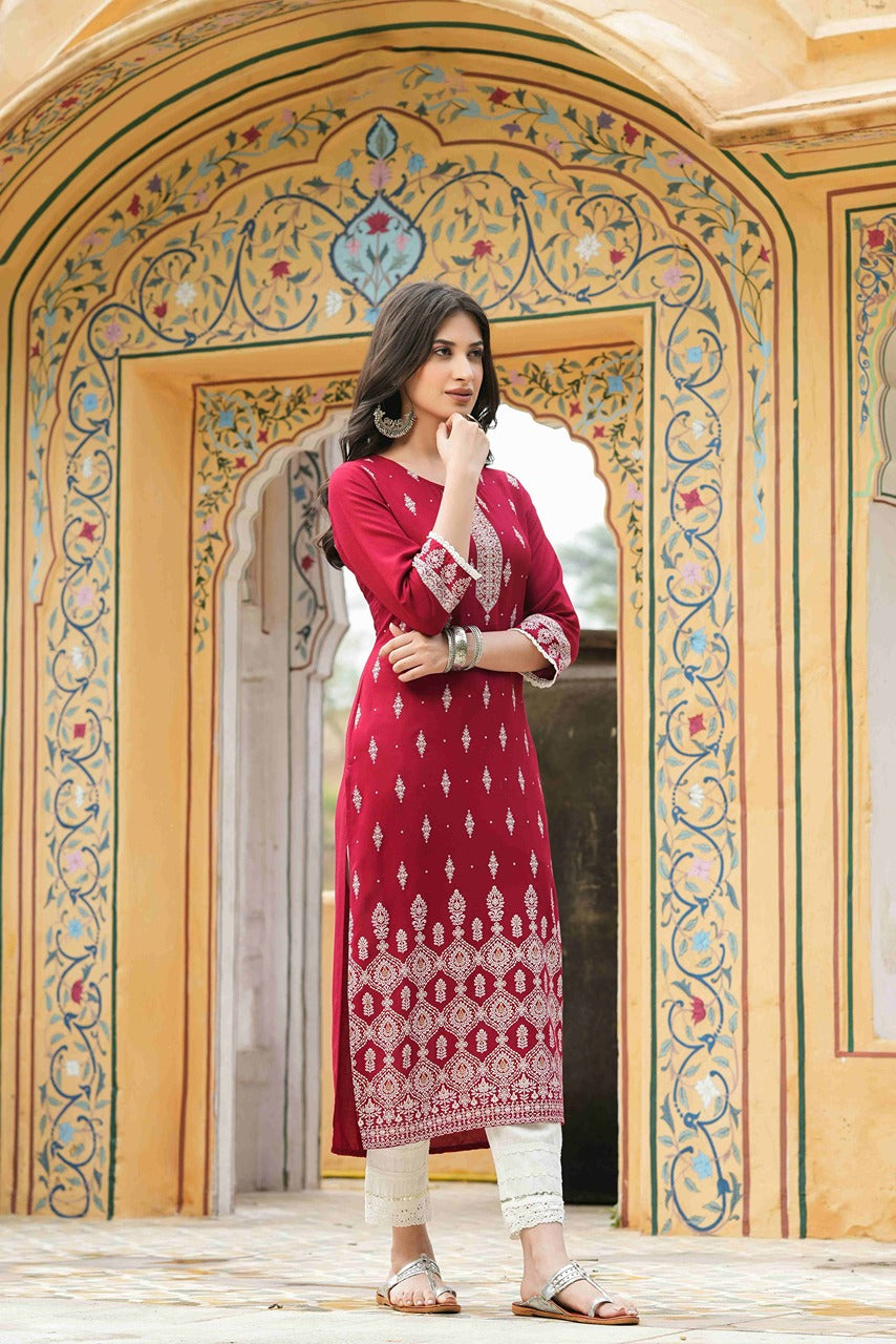 Women's  Maroon Rayon Placement Kurta