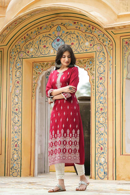 Women's  Maroon Rayon Placement Kurta