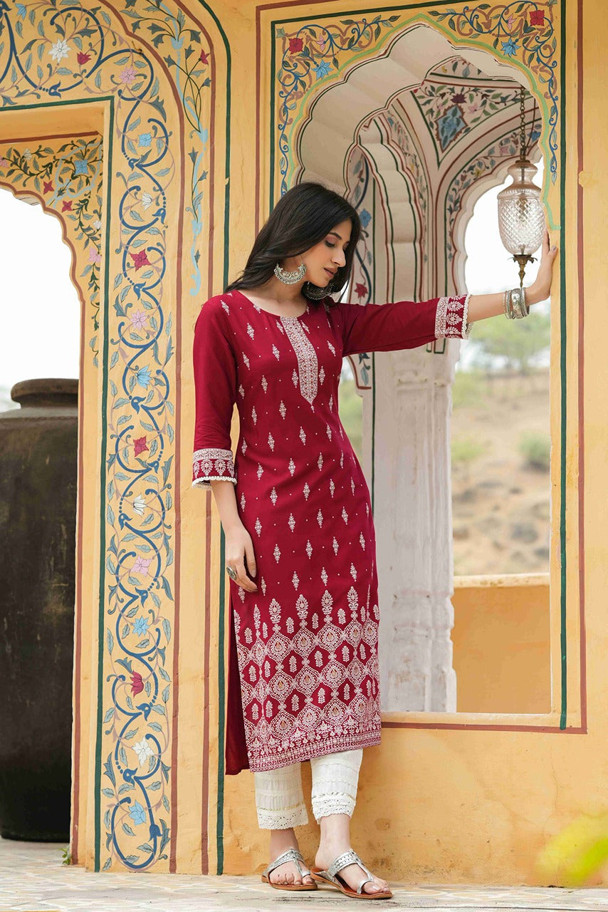 Women's  Maroon Rayon Placement Kurta