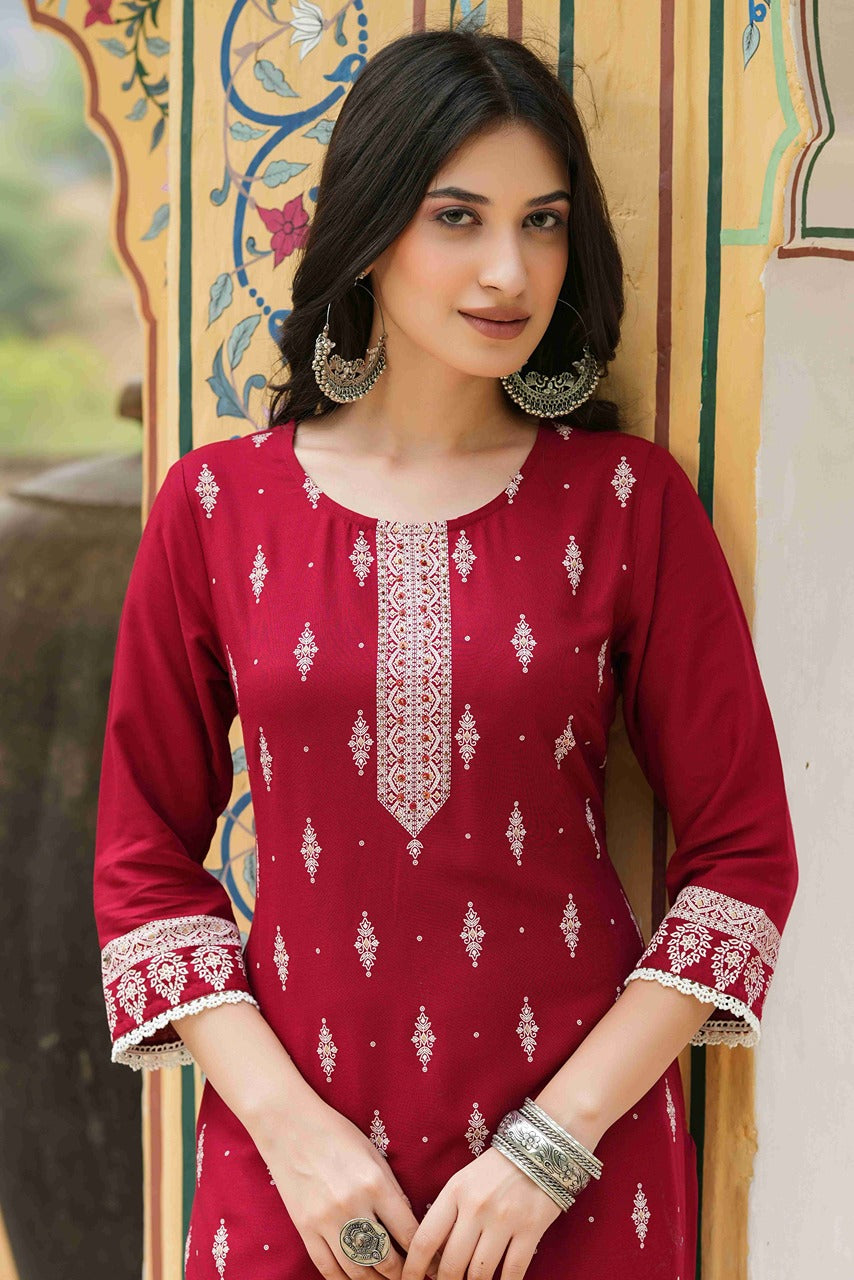 Women's  Maroon Rayon Placement Kurta