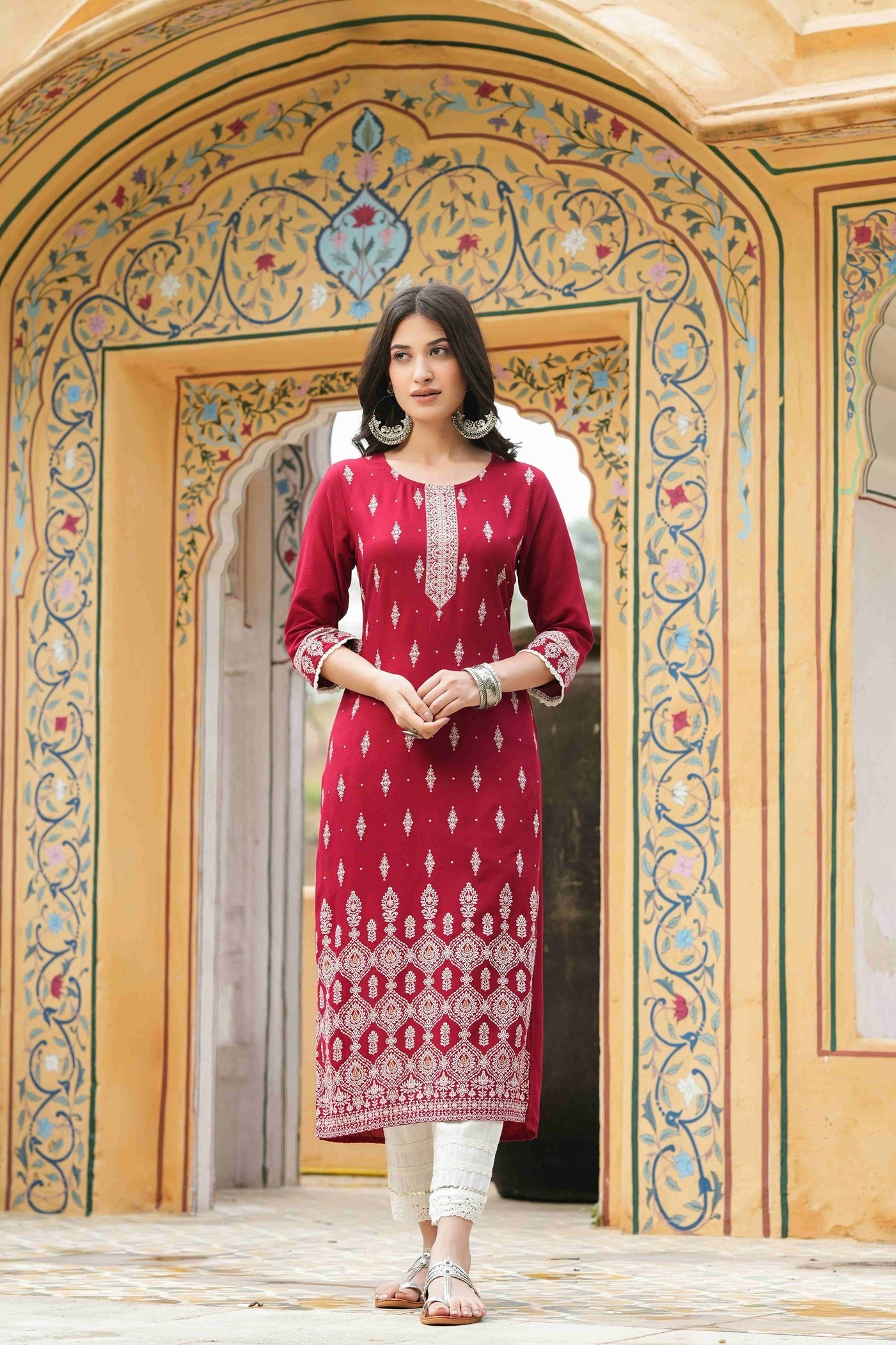 Women's  Maroon Rayon Placement Kurta