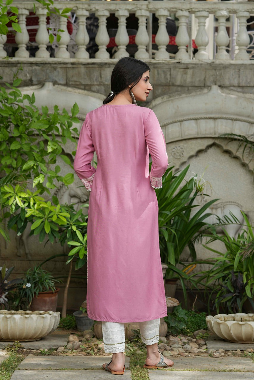 Women's  Onion Pink Rayon Placement Kurta