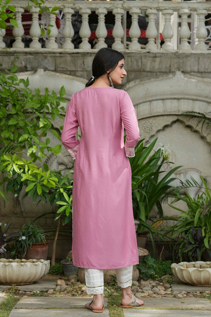 Women's  Onion Pink Rayon Placement Kurta