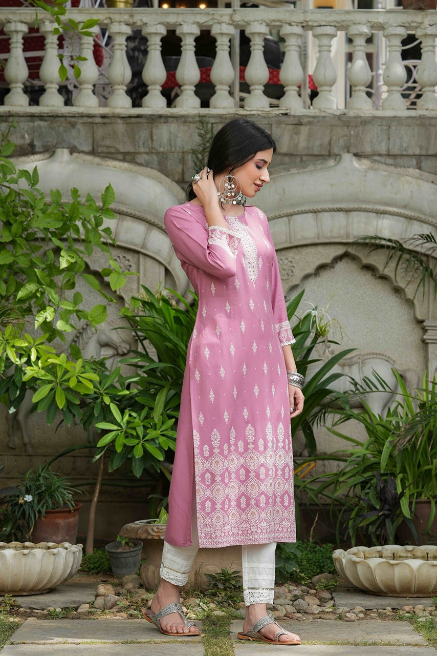 Women's  Onion Pink Rayon Placement Kurta