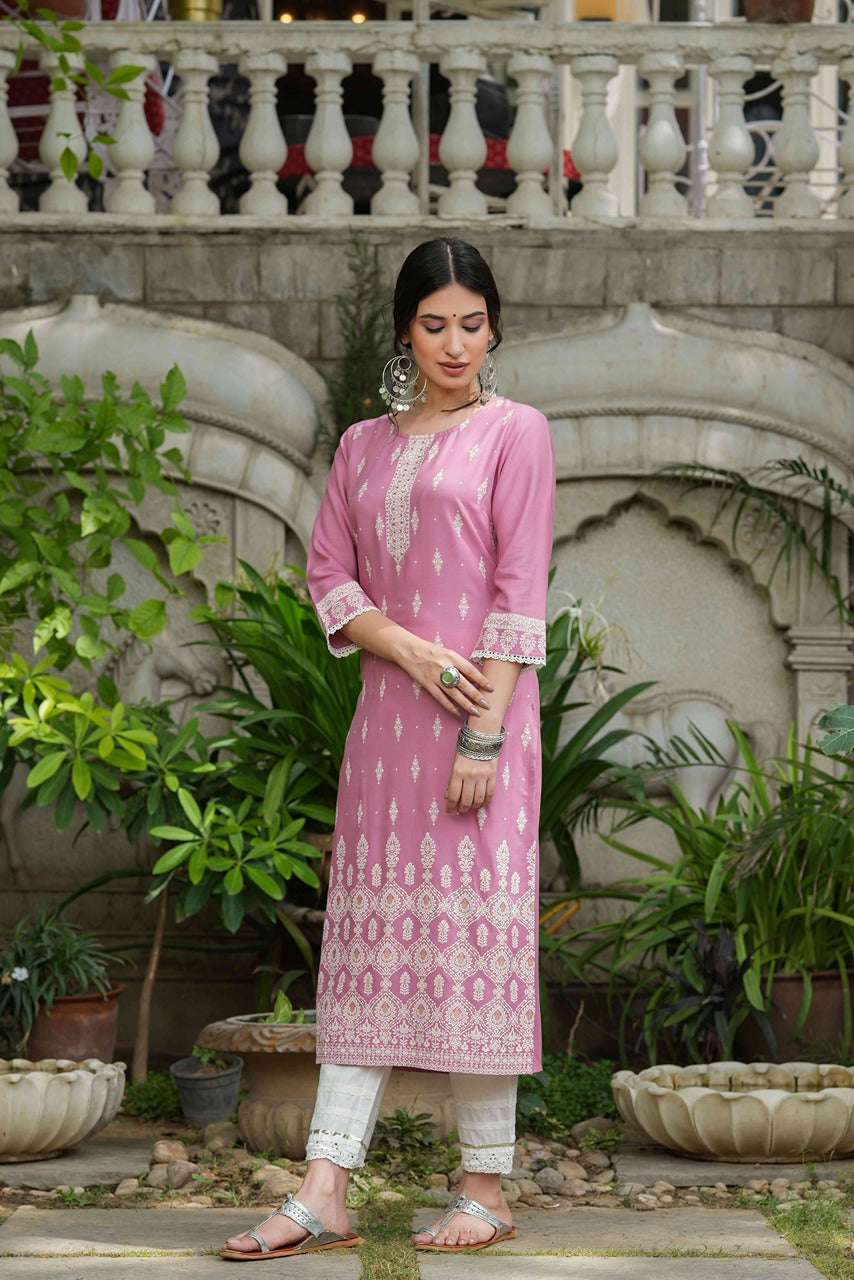 Women's  Onion Pink Rayon Placement Kurta