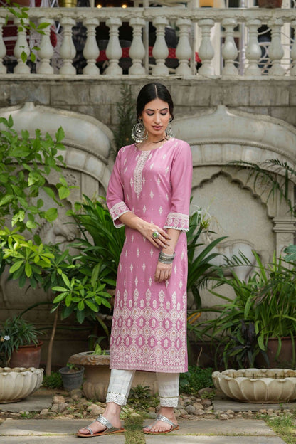 Women's  Onion Pink Rayon Placement Kurta
