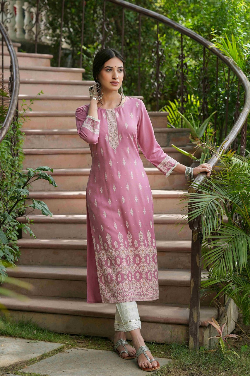 Women's  Onion Pink Rayon Placement Kurta