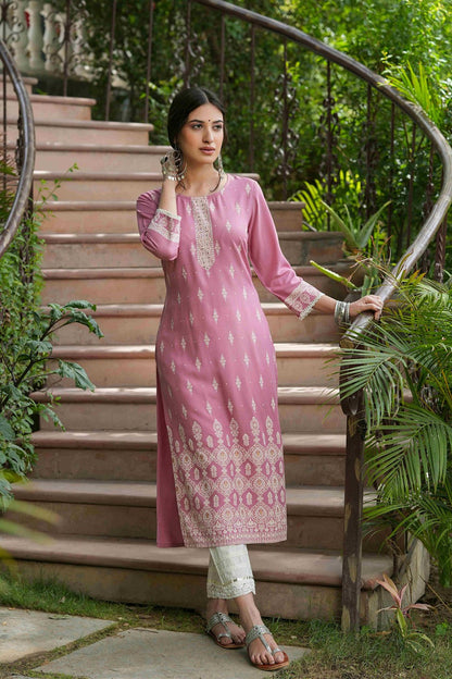 Women's  Onion Pink Rayon Placement Kurta