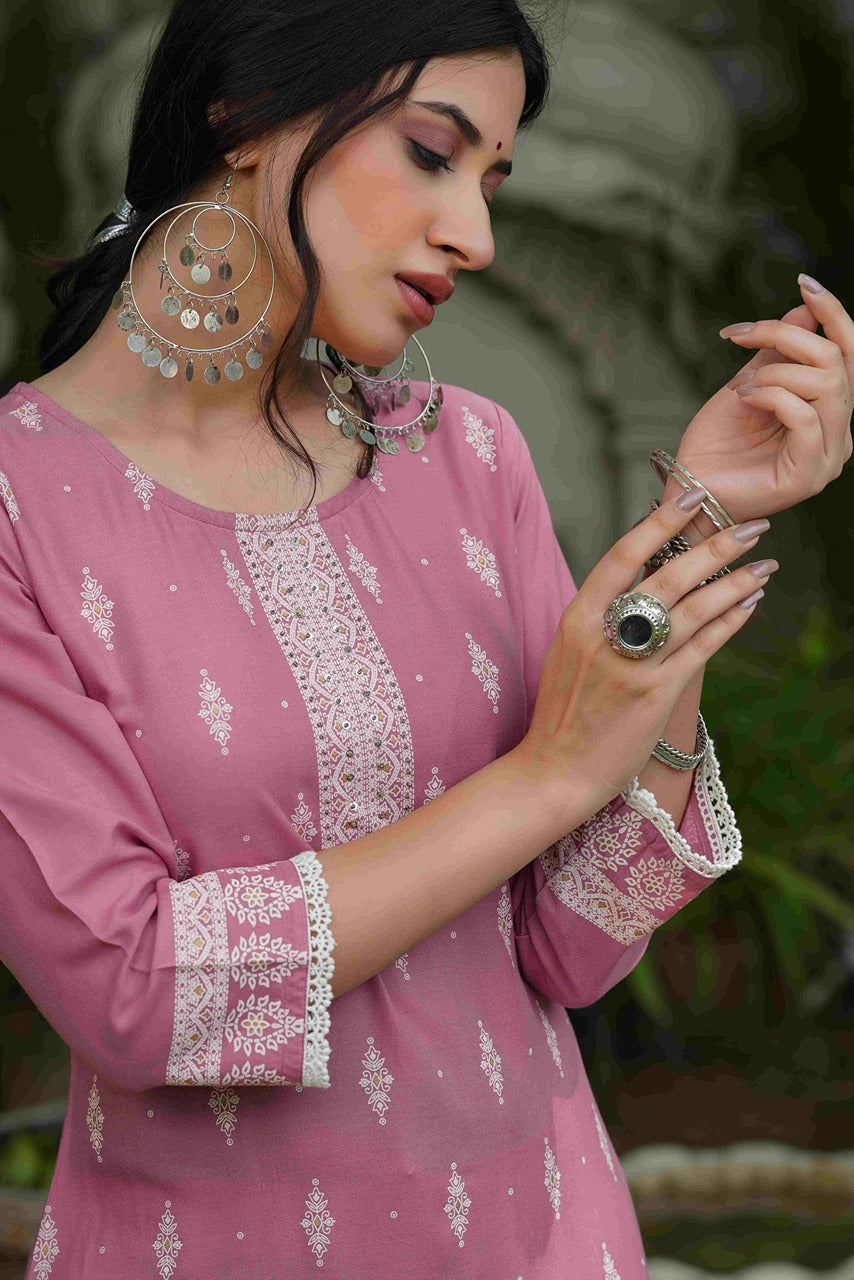 Women's  Onion Pink Rayon Placement Kurta