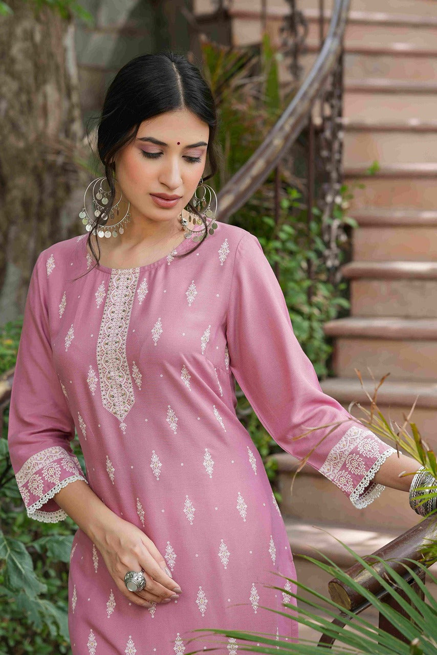 Women's  Onion Pink Rayon Placement Kurta