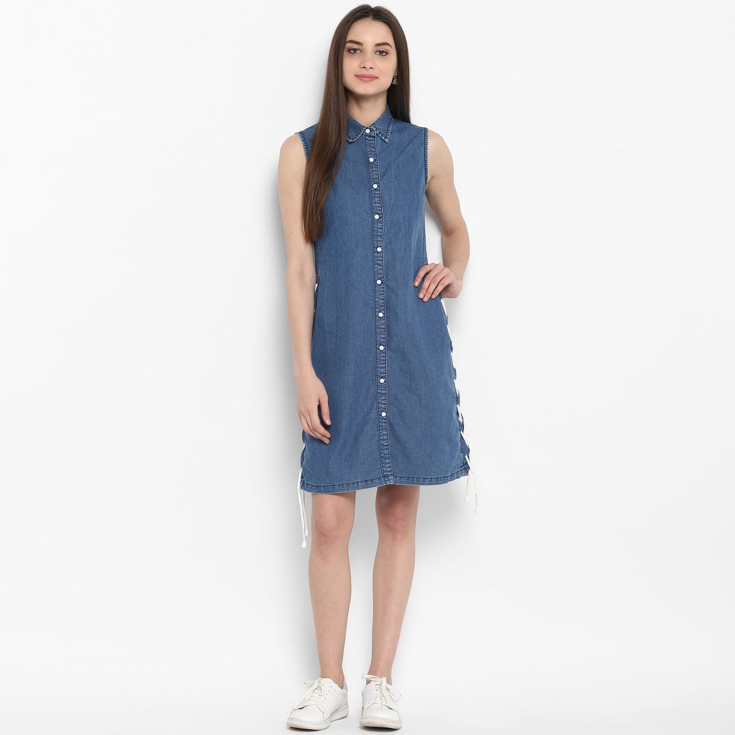 Women's Denim Dress with White Draw String Insert